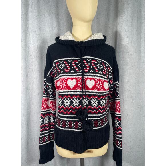 Ugly but Cute Christmas Sweater, Hooded:  Hearts, Snowflakes & Candy Canes - Picture 2 of 7